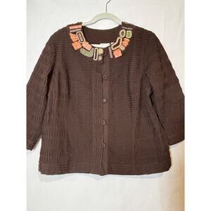 Chicos sz 2 Jacket Blazer Women's Large Brown LIned African beaded‎ Southwestern